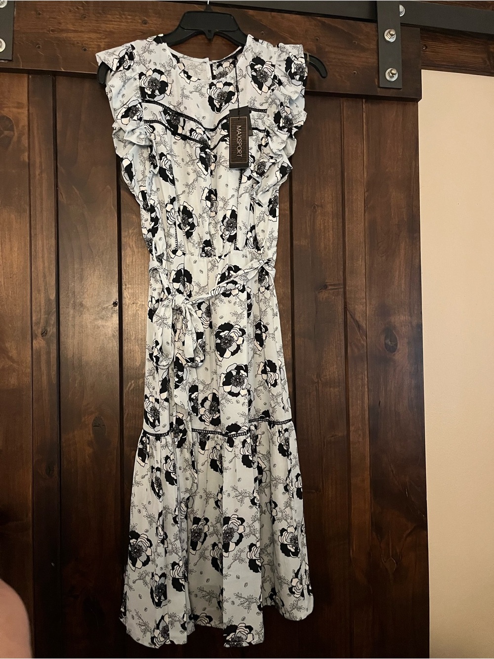 Black & White Floral Ruffle Midi Dress with Tie Waist